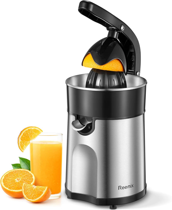 Electric Citrus Juicer Squeezer, Orange Juicer with Two Interchangeable Cones, Suitable for orange, lemon and Grapefruit, Brushed Stainless Steel, Easy to Clean and Use (Black+Silver) (SG-85W-2017A)